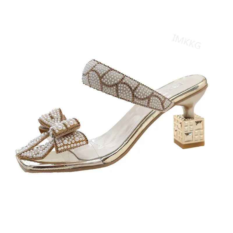 Women Bowtie Slippers Silver Heels 2024 NewTrend Gold Outdoor Rhinestone Woman Sandals Ladies Shoes Pumps Heeled Size 43 Mules