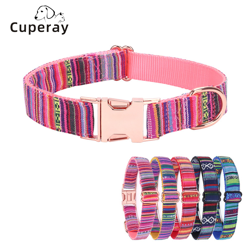 Adjustable Dog Collar Bohemian Stripe Plaid Pet Collar Ethnic Pet Collars with Metal Buckle for Medium To Large Dog Accessories