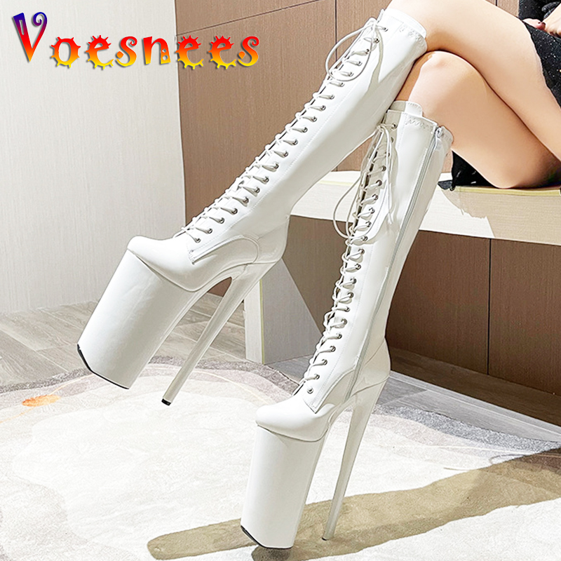 26cm High Heel Platform Exotic Pole Dancing Lace-Up Overknee Fetish Boots Size35-43 Black Zip Crotch High Boots Fast Shipping