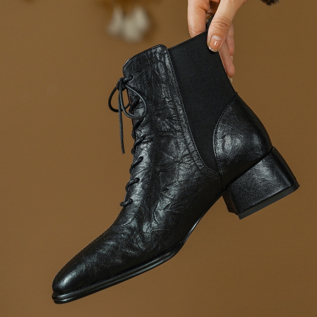 genuine Women's leather elastic patchwork lace-up autumn ankle boots 4cm thick low heel casual female short booties shoes woman e706