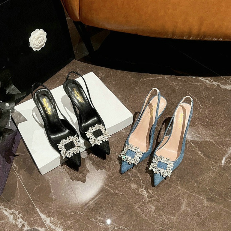 Summer 2024 New Sandals Thin Heel Pointed Baotou Dia Square Buckle Denim Korean Version Fashion High Heels e39d s