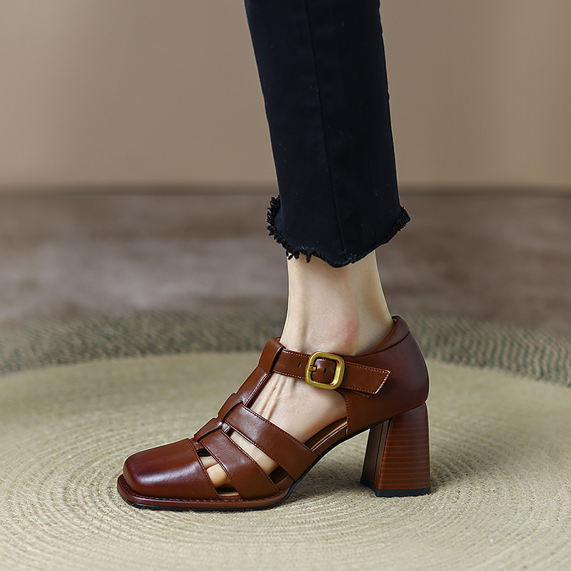 Vintage Closed Toe Thick Sole Sandals Women Breathable Summer Cut-out Shoes Female New Fashion Woman Gladiator High heels