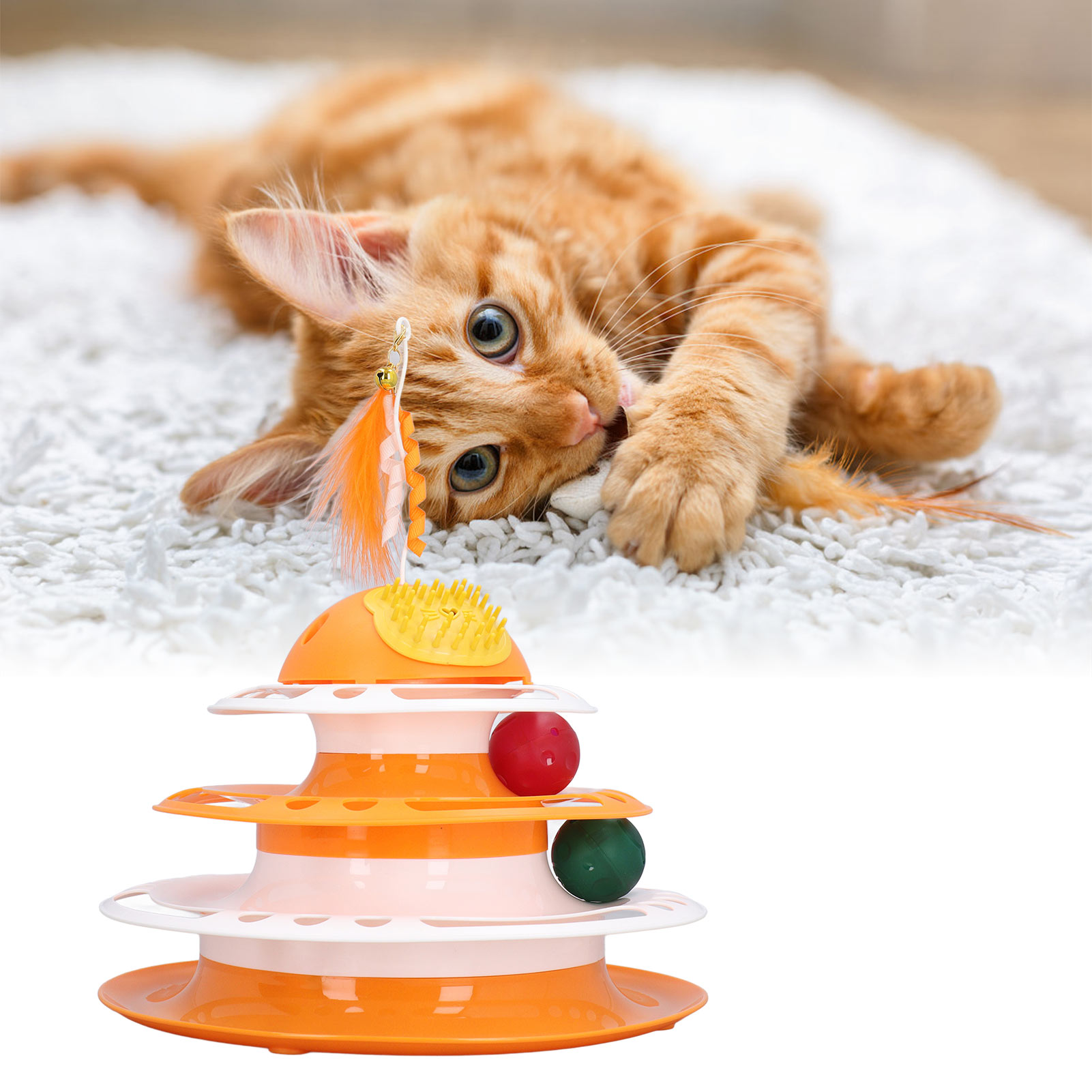 Interactive Ball Tower Toy for Indoor Kitten, Detachable Cat Track, Puzzle Toy with Scratcher, Teasing Feather
