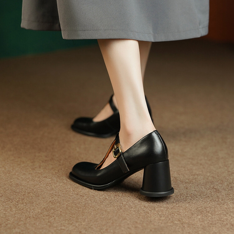 2025 new Spring 2023 Pumps Split Leather for Women Toe Chunky Retro Round Heel Mary Janes Solid Black Shoes 0d29