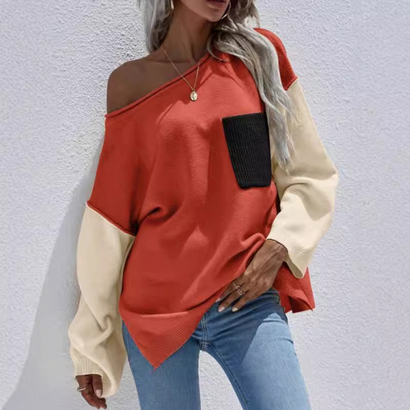 dongdumaoyi New round neck sweater, fashionable color blocked pocket knit top, casual loose knit sweater F0914#52