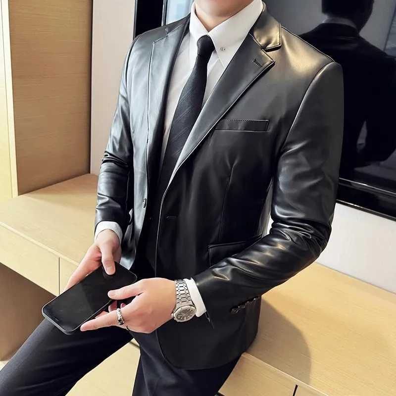 High Quality Leather Jacket Men Single Button Slim Fashion Leather Blazers Male Business Casual Suit Coats Solid PU Outwear ManX240913