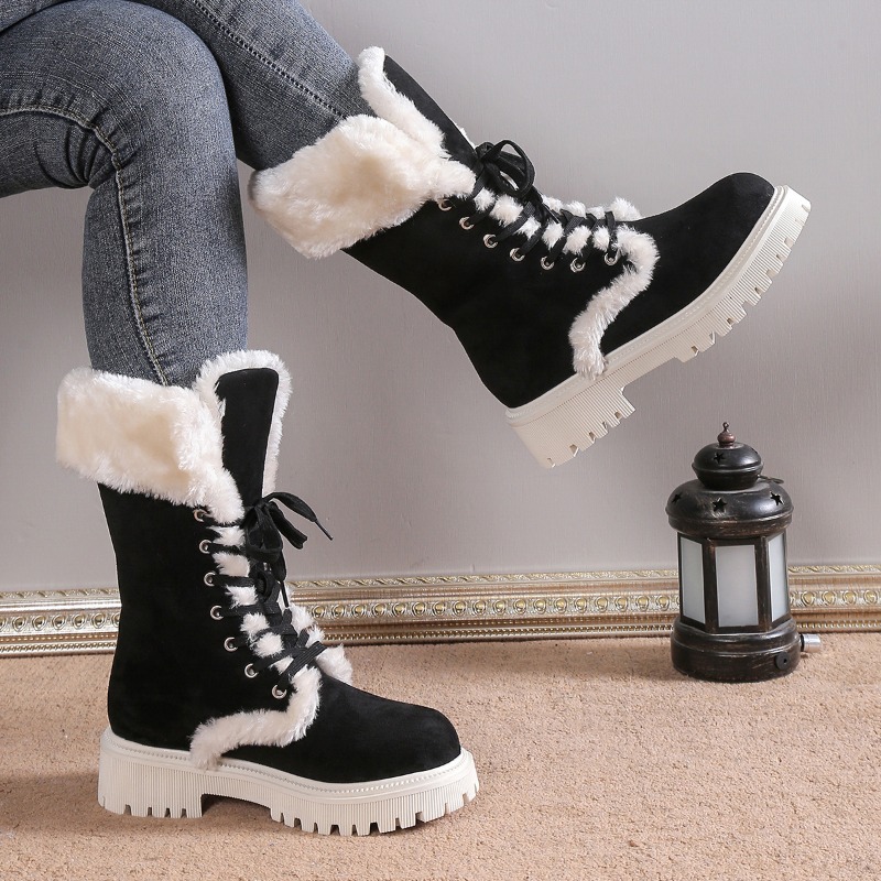 Boots for Women Thicken Plush Snow Winter Faux Fur Flock Platform Ankle Mid-calf Lace-up Snow Thickened Cotton Platform Shoes