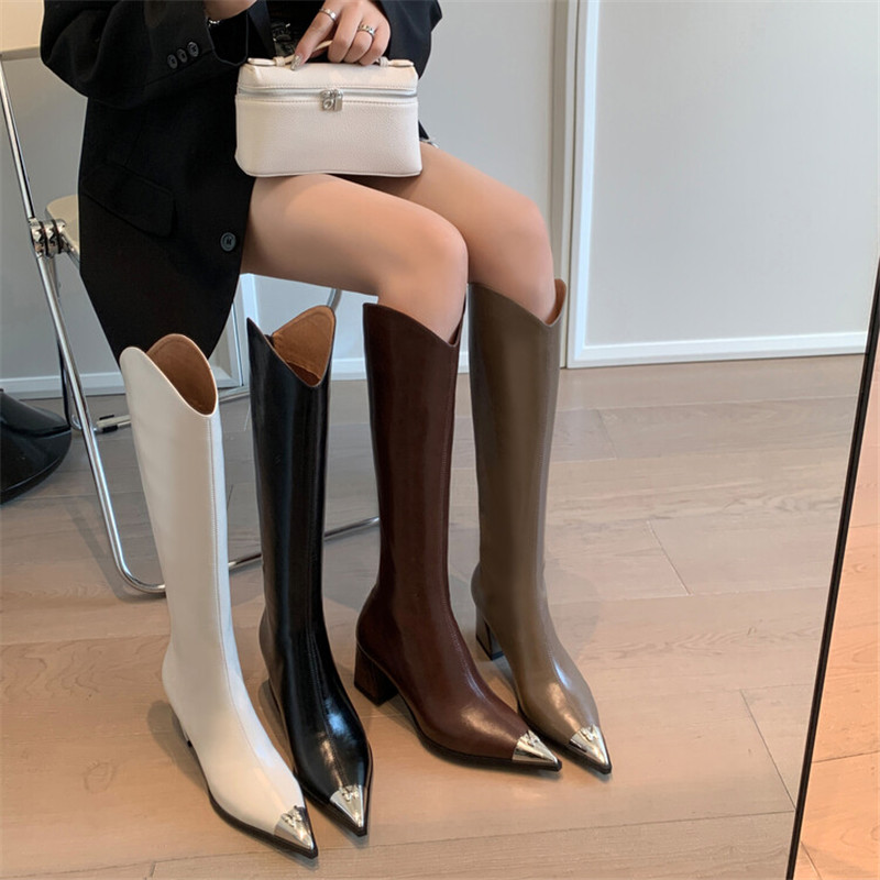 2023 Winter Knee-High Boots for Women Metal Pointed Toe Knight Boots Split Leather High Heels Women Boots Concise Boots De Mujer