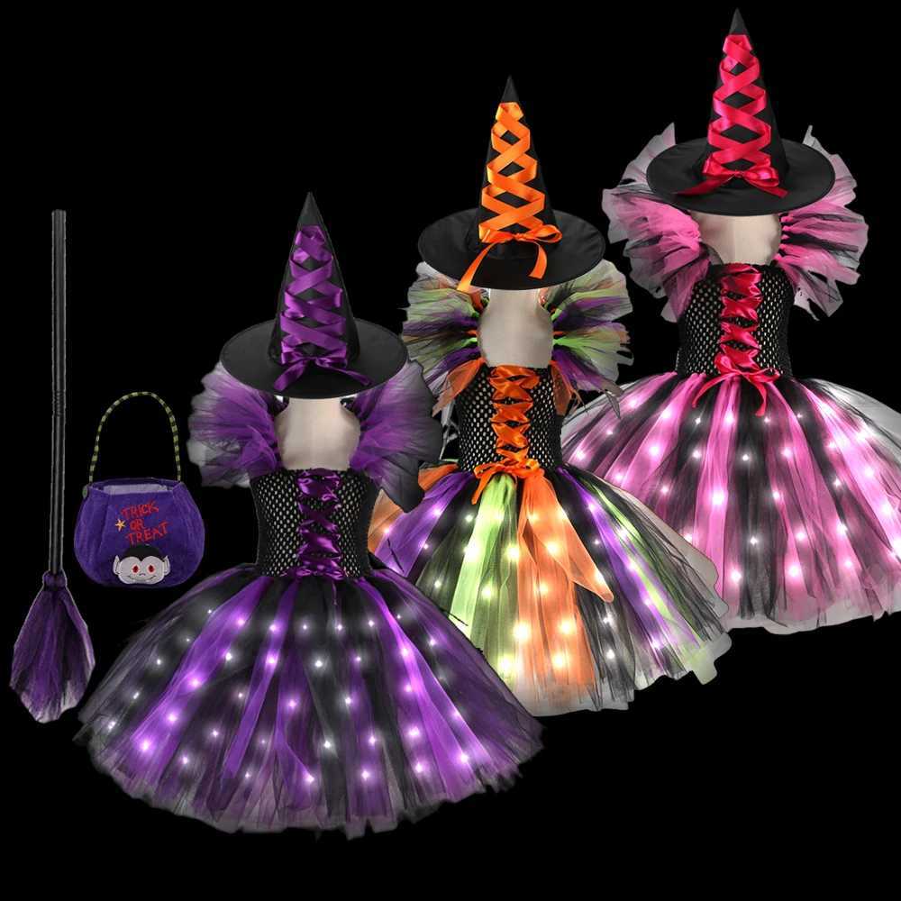 Halloween role-playing witch LED luminous costume baby girl carnival party dress childrens witch lighting dress set W240914