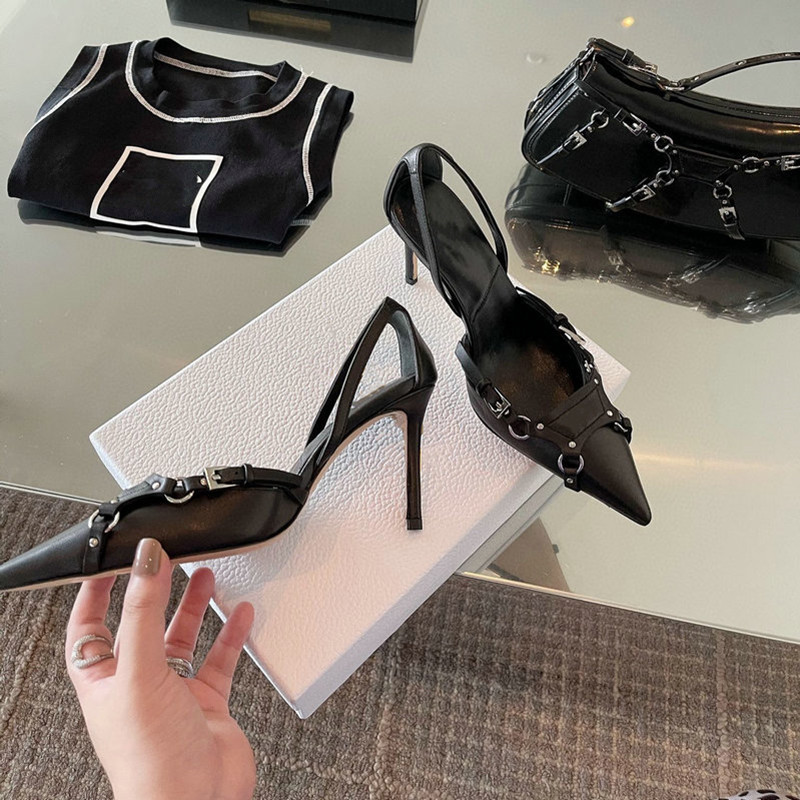 2024 European New Sandals Black High Heels Niche Design Sense Belt Buckle Baotou Thin Heel Pointed Single Shoes Female Pumps