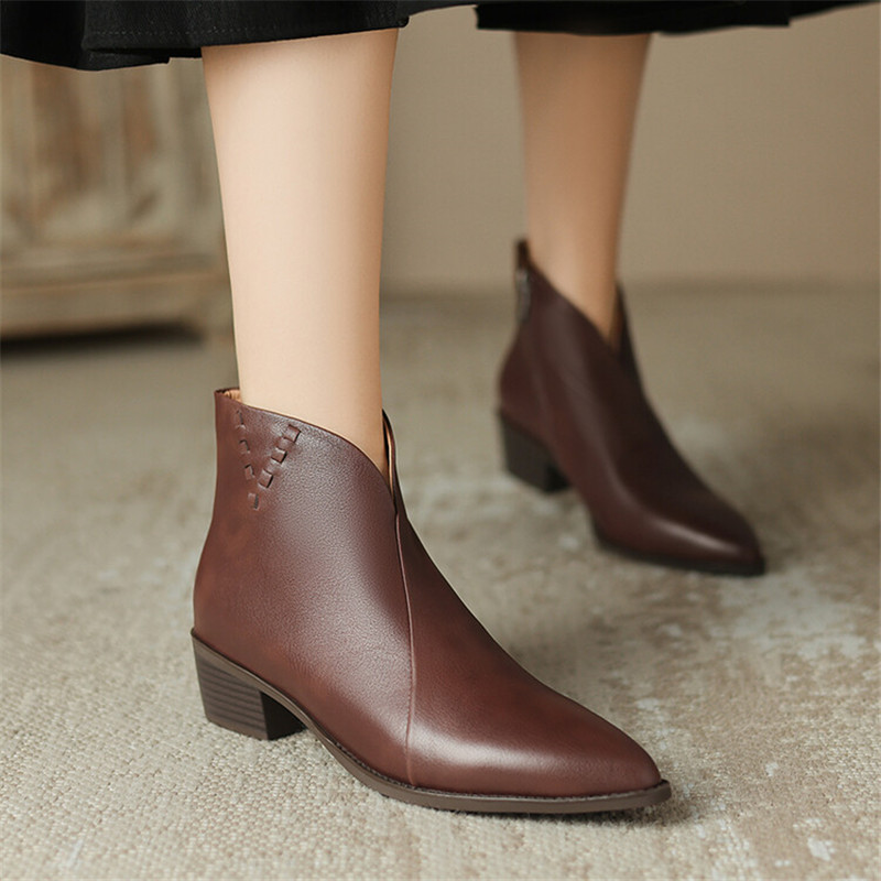 New Genuine Leather Ankle Pointed Toe Chunky Heel for Winter Fashion Short Concise Women Boots