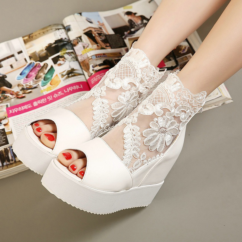 2024 Women's Wedge Shoes Muffin Platform Inside Raised Fish Mouth Summer Boots Women's Sweet Lace High Heels