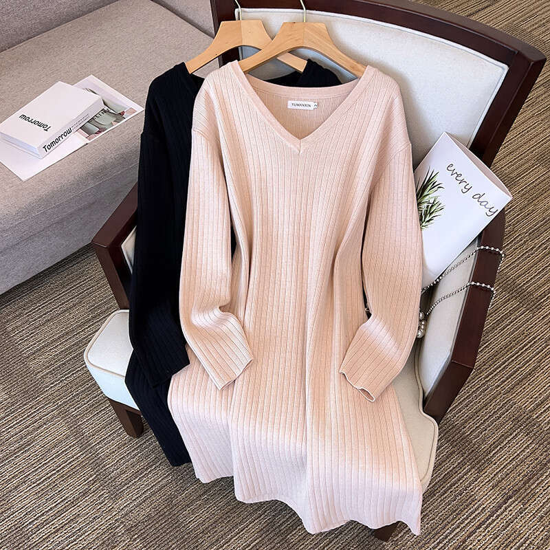 155Kg Plus Size Women's Bust 160 Spring Autumn New Loose Long V-Neck Sweater Dress Black Apricot 5Xl 6Xl 7Xl 8Xl 9Xl 10Xl