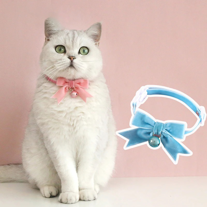 Small Pet Velvet Bowknot Collar with Bell Adjustable Breakaway Cat Collars Cute Safety Necklace Bow Tie for Cat Kitten Dog Puppy