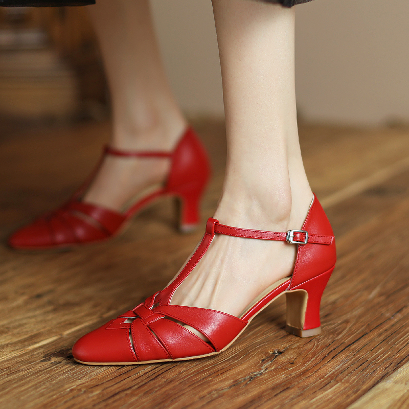 Leather Genuine Women's Sandals New Summer Red Nude Medium Heels Gladiator Flip ps Casual Ballet Dance Shoes Female 0364