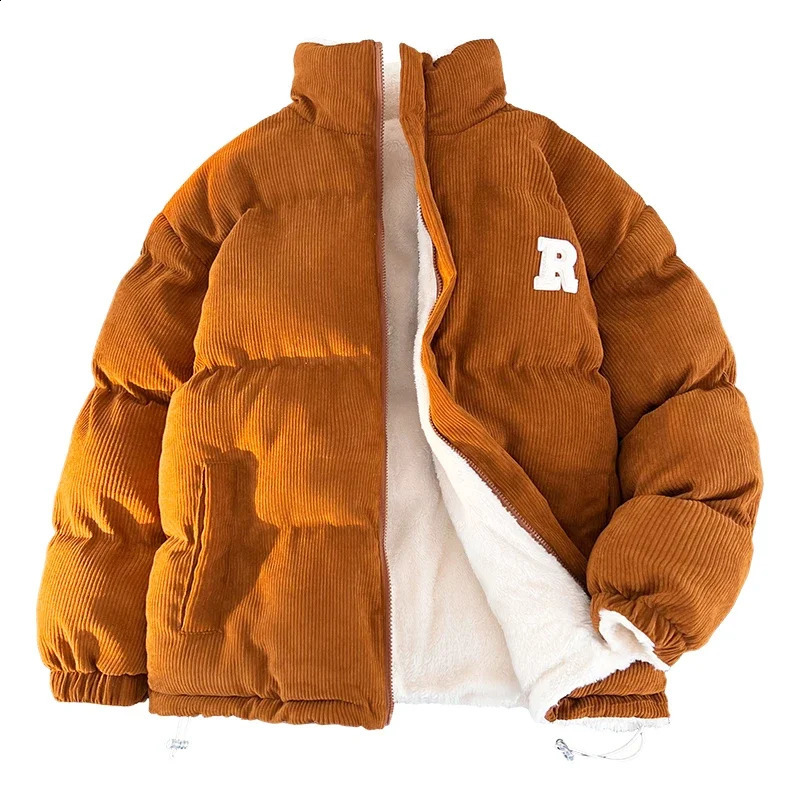 Winter Corduroy Parkas Men Women Harajuku Letter Embroidery Puffer Coat Lamb Loose Denim Coat Male Parka Men Moletom Masculino 240913
