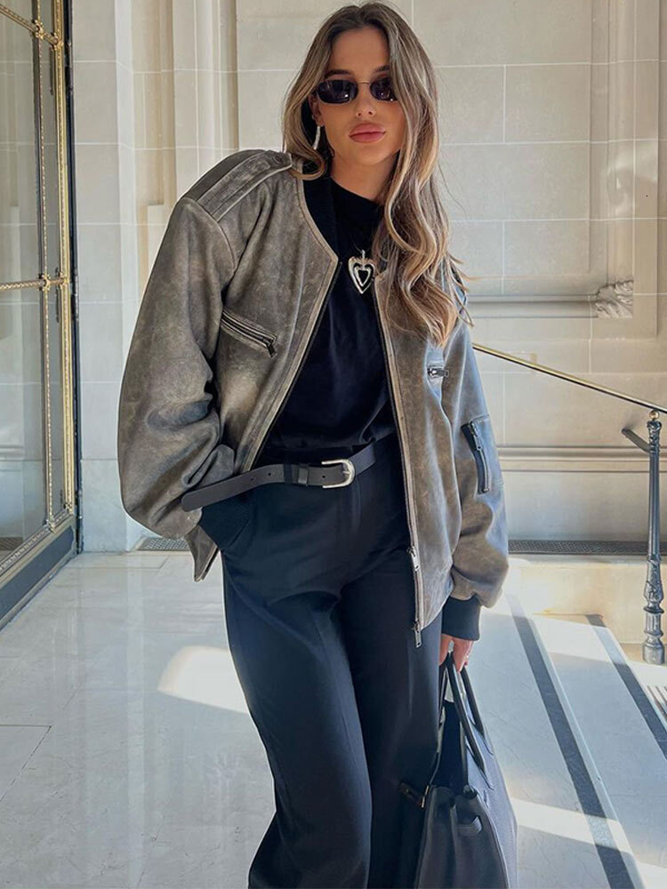 Women Casual O Neck Zipper Bomber Jacket Elegant Lantern Long Sleeves Pocket Short Coat Autumn Lady Commuting Motorcycle Outwear