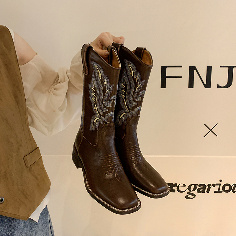 2024 Fashion Chunky Heel Women Western Cowboy Boots Mid-Calf Shoes Split Leather 0dbe