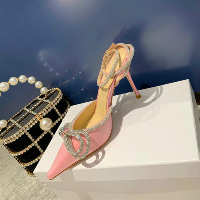 New 2024 Style Rhie Stiletto Sandals Female Crystal Word Fairy Bow Knot With Dia Banquet High Heels 4ed4