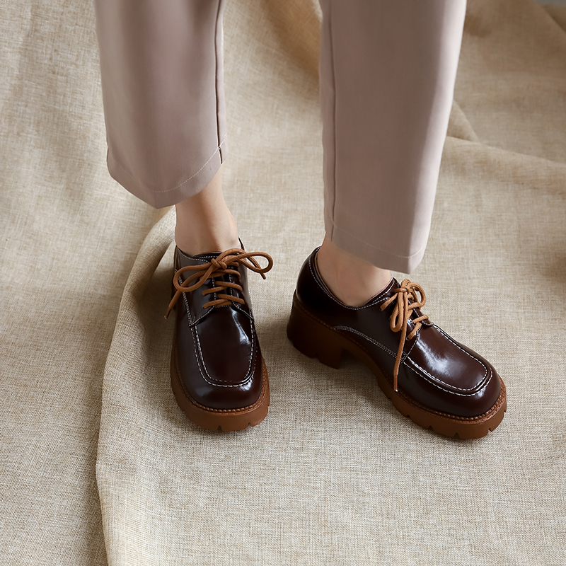 New 2022 Spring Genuine Leather Platform Round Toe New Woman Shoes Casual Loafers atos De Mujer Women Lace-up 2bb1