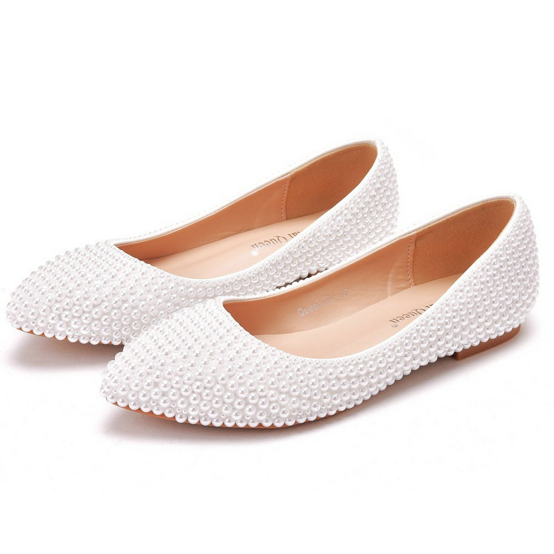 White Flat Bridesmaid Shoes Bride Wedding Pumps Women's Single Shoes Handmade Pearl Maternity Shoes