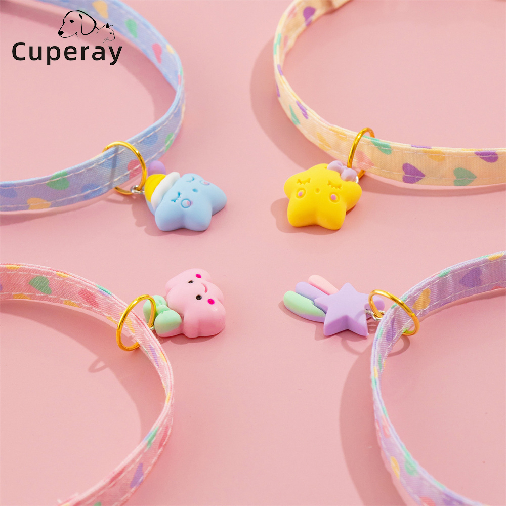 Puppy Collar Adjustable Cute Cat Collar with Macaron Charm and Heart Print Pattern Pet Collar for Cats & Puppies Cat Accessories