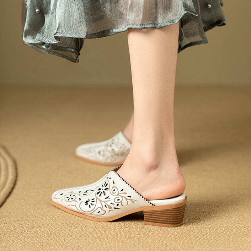 Mules Summer Genuine Leather Shoes New for Women Cover Chunky Heel Slippers Solid Pointed Toe Sgback Designer Sandals 1b39