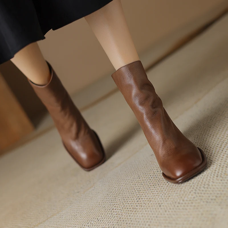 2024 Autumn/winter High Heels Square Toe Short Boots Women Office Gladiator Lady Shoes Genuine Leather 62ca