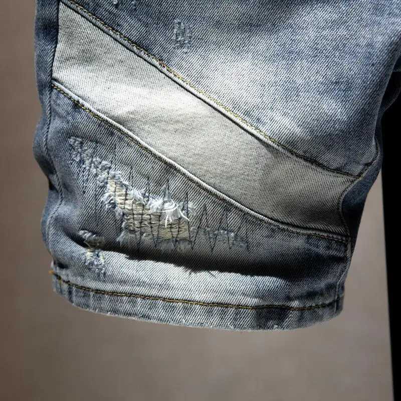 Summer Fashion Cowboy Streetwear Kpop Luxury Men Denim Shorts High Street Hole Straight Knee Length Patchwork Short Casual JeansX240914