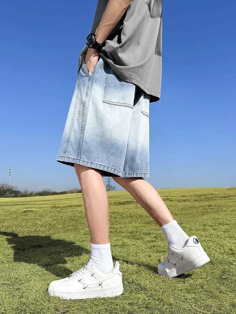 2024 Summer Denim Shorts Men Large Size Gradient Color Washed Cotton Baggy Jean Shorts Drawstring Streetwear Y2K Short PantsX240914