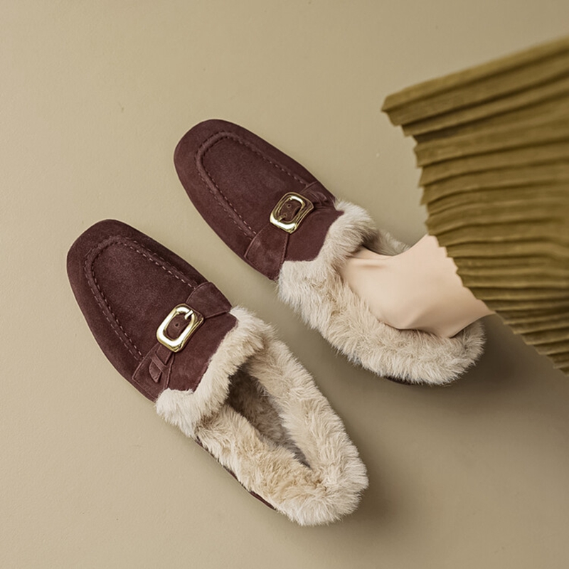 Winter NEW Loafers Sheep Suede Leather for Women Round Toe Low Heel Black Warm New Wool Blend Shoes atos mujer 39bc