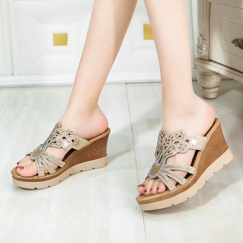 Wedge Plus Size Rhine-drill Fish Mouth High Heels Fashion Muffin Bottom Flip-flops Women Shoes Sandals Ladies Shoes Women