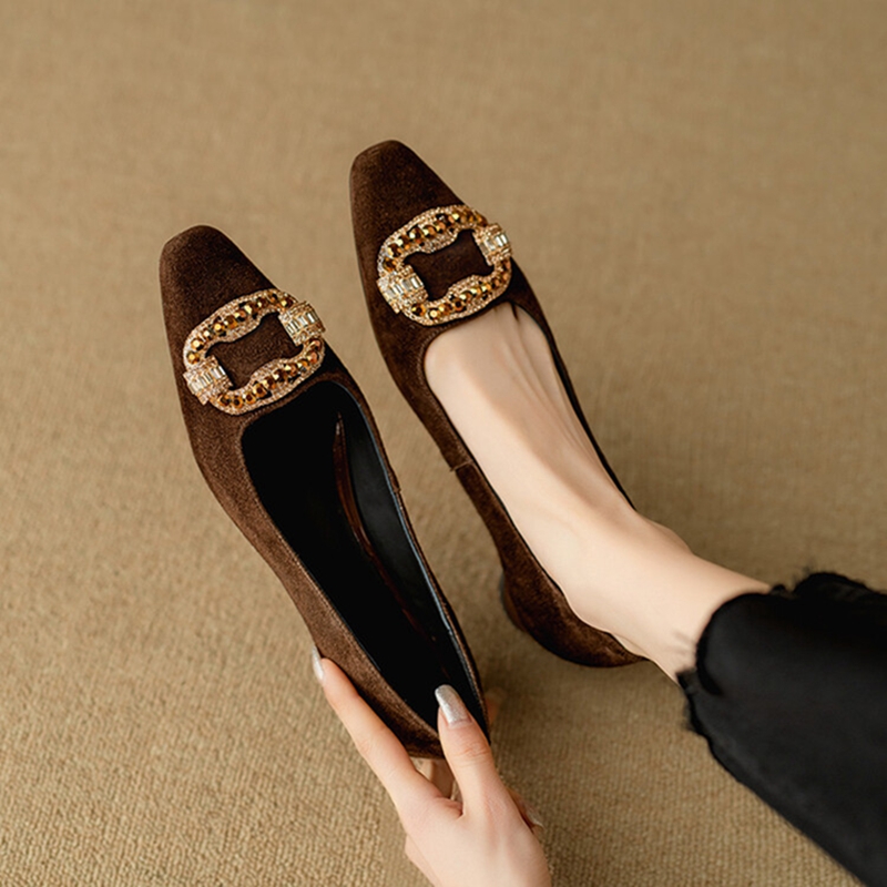 Spring/Autumn NEW Pumps Toe Chunky Heel Sheep Suede Leather for Women Rhie Square Button Shoes 4571