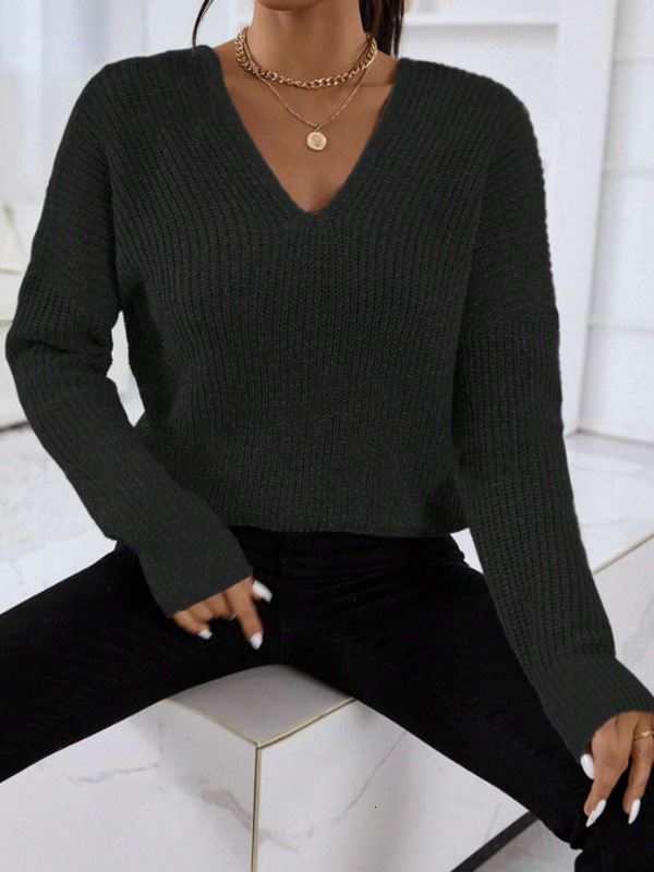 dongdumaoyi New women's style V-neck sweater fashionable long sleeved knitted sweater loose solid color knitted top F0914#42