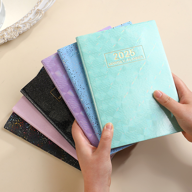 2025 a5 laser English calendar book colorful star color plan book thin leather weekly calendar notebook