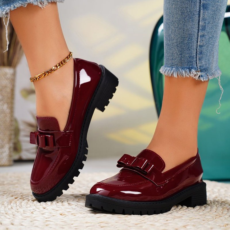 Women's 2024 Spring New Loafers PU Leather Women's Pumps Outdoor Casual Fashion Slip-On Wine Red Mary Janes Shoes Large Size