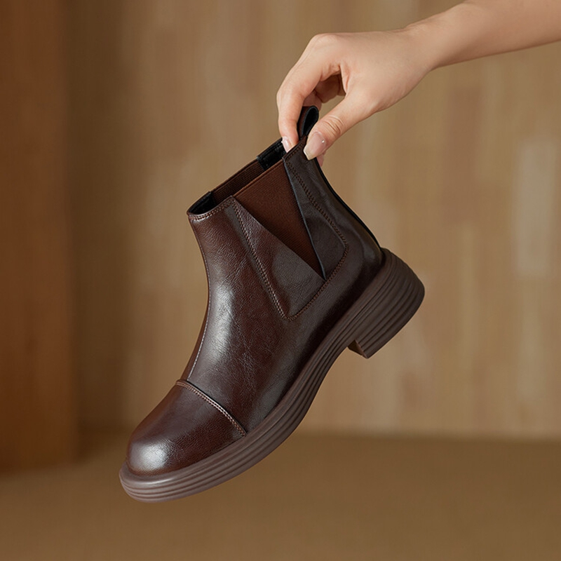 Autumn NEW Split Leather for Women Round Toe Chunky Heel Shoes Black Slip-on Ankle Casual Boots 42ff