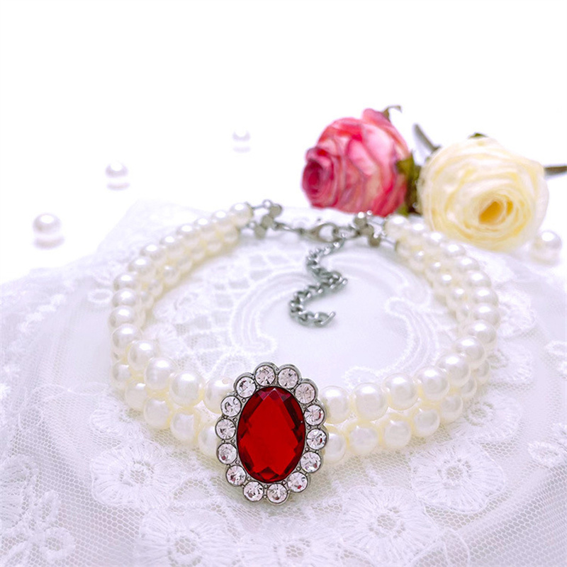 Pearl Pet Collar Necklace Double Row Imitation Gemstone Cat Collars Adjustable Rhinestone Accessory for Small Medium Dogs & Cats