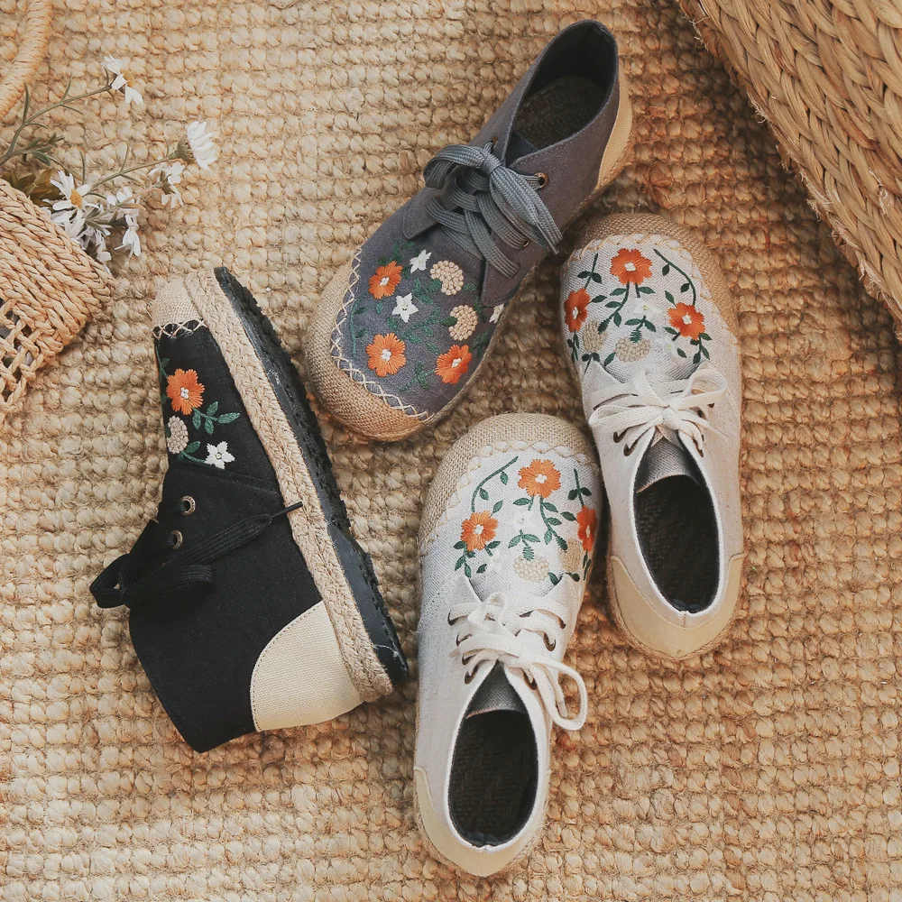 Handmade Women Vintage Embroidered Flats Booties Shoes High Top Lace Up Canvas Sneakers en Casual Leisure Espadrilles 0521