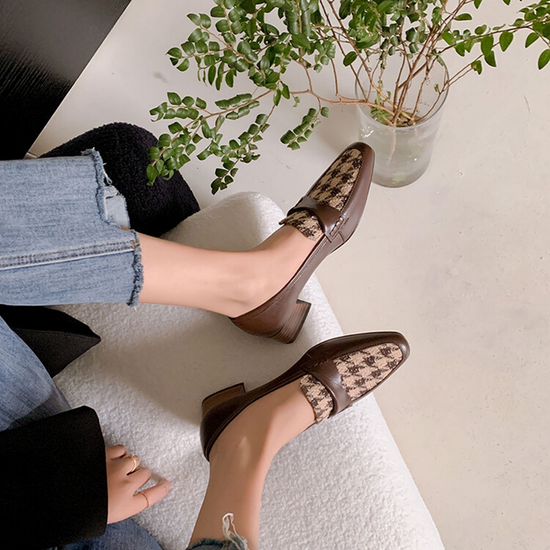 Spring NEW Loafers Square Toe High New heels Cotton Fabric Chunky Heel Pumps Retro Lattice Split Leather Shoes for Women bd93