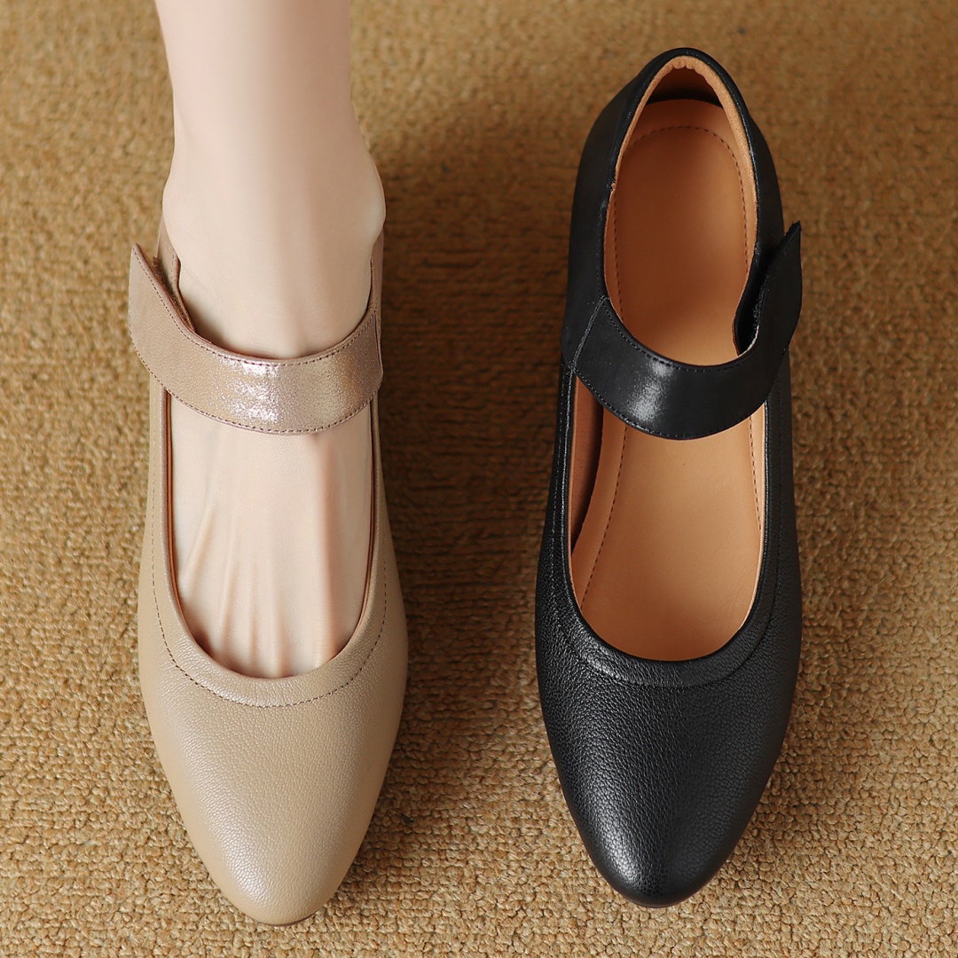 2025 new sheepskin Women's hook&loop slip-on Mary Jane pumps round toe 4.5cm thick low heel OL style daily dress heeled shoes for woman 919d ed