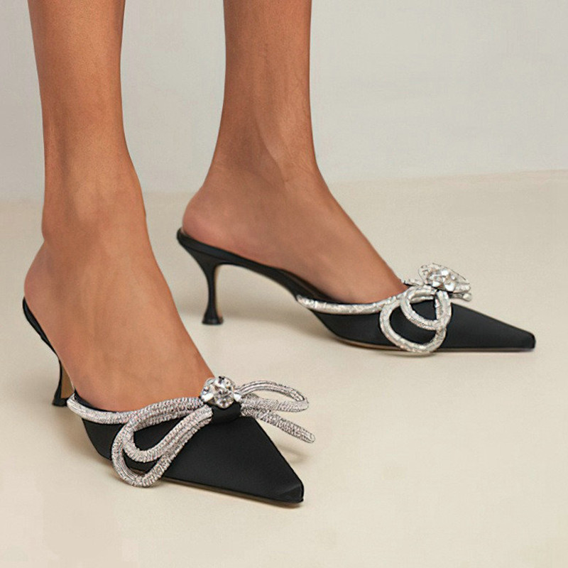 And Spring Summer New Metal Rhindias Slides Thin Bow Pointed High Heel Slippers 417e