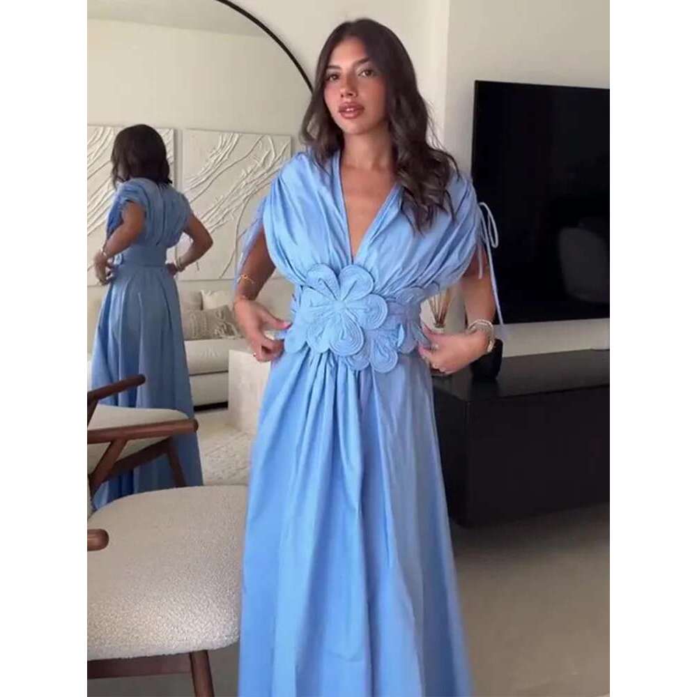 Chic Three-Dimensional Wer Drawstring Dress Women V-Neck Sleeveless High-Waisted Robe Lady Fashion Street Dresses