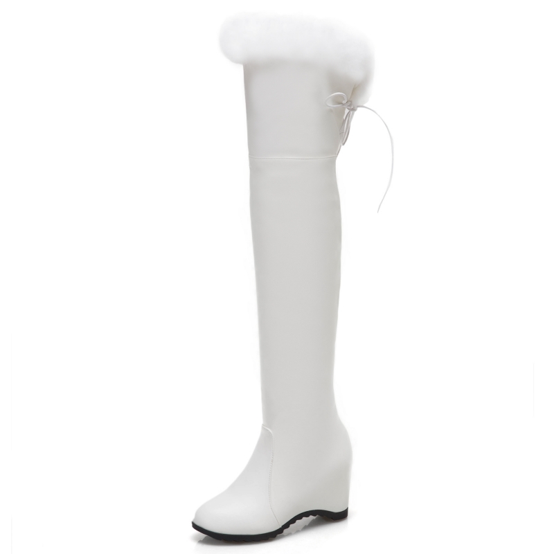 Winter 2023 Overknee High Boots Women Comfy Wedges Heels Warm Fur Snow Boot Female Fashion Black White Plush Shoes Girls 5a62
