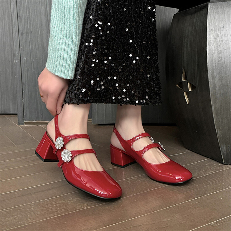 New Summer Split Leather Square Toe Chunky Heel Mary Jane Shoes for Women atos Mujer Rhie Sandals