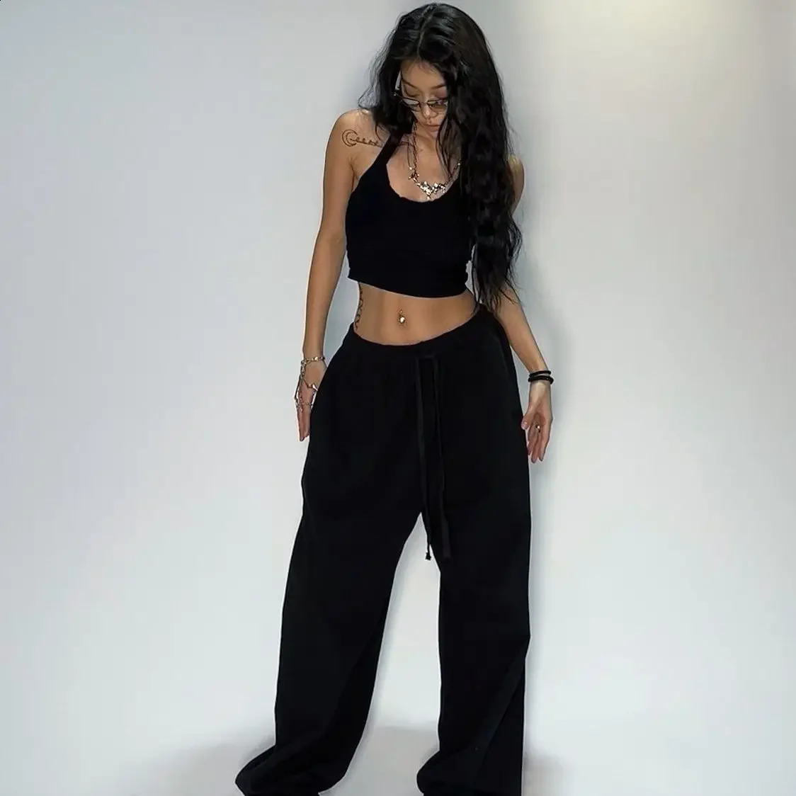Kpop Y2K grey jogging pants for women hippie streetwear oversized sports loose straight wide legs Trouser Korean style 240913