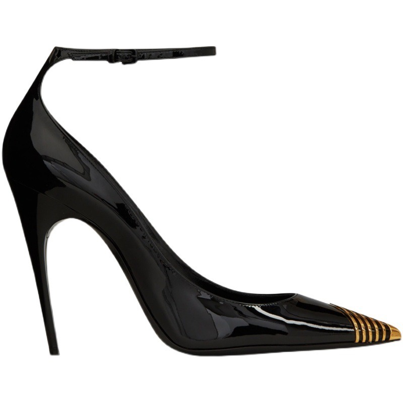 Elegant Women's Black High heels Patent Leather Pumps Metal Pointed Thin Heels Button Tron New Toe Single Shoes 6c31