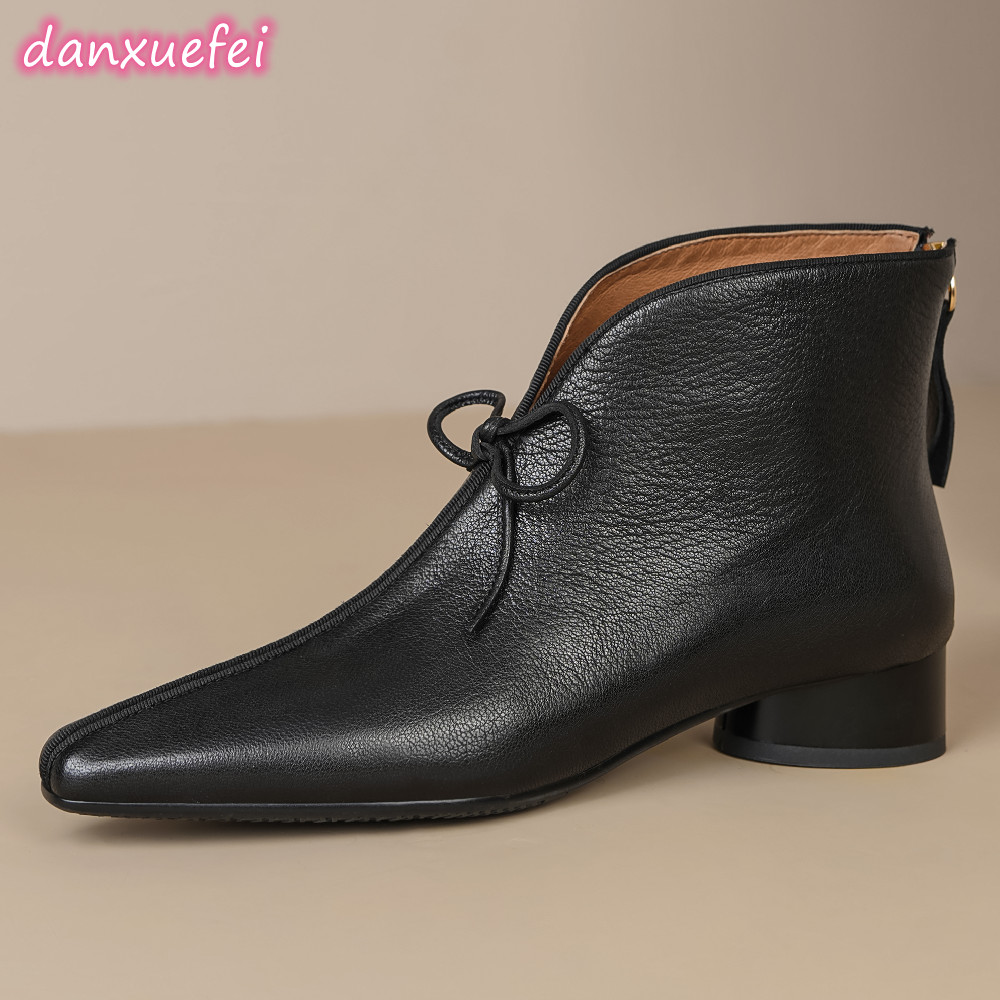 women's danxuefei sheepskin pointed toe back zip slip-on autumn ankle boots casual female soft comfortable short booties shoes ec97