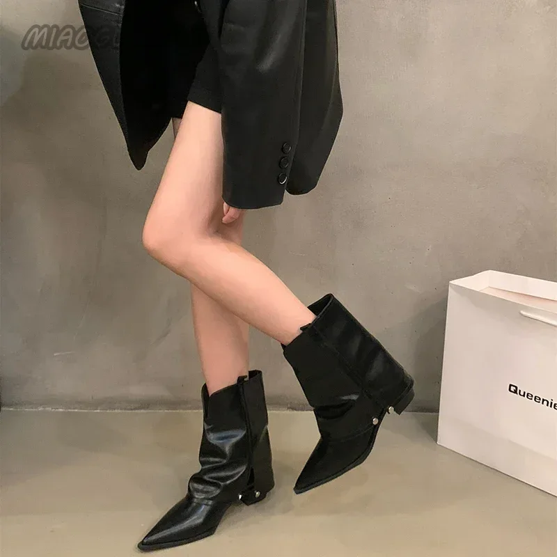 Heel Women Square Ankle Boots Western Cowgirl Botas Fashion Pointed Toe Shoes Autumn Winter Ladies Elegant Short Booties Mujer bbc5