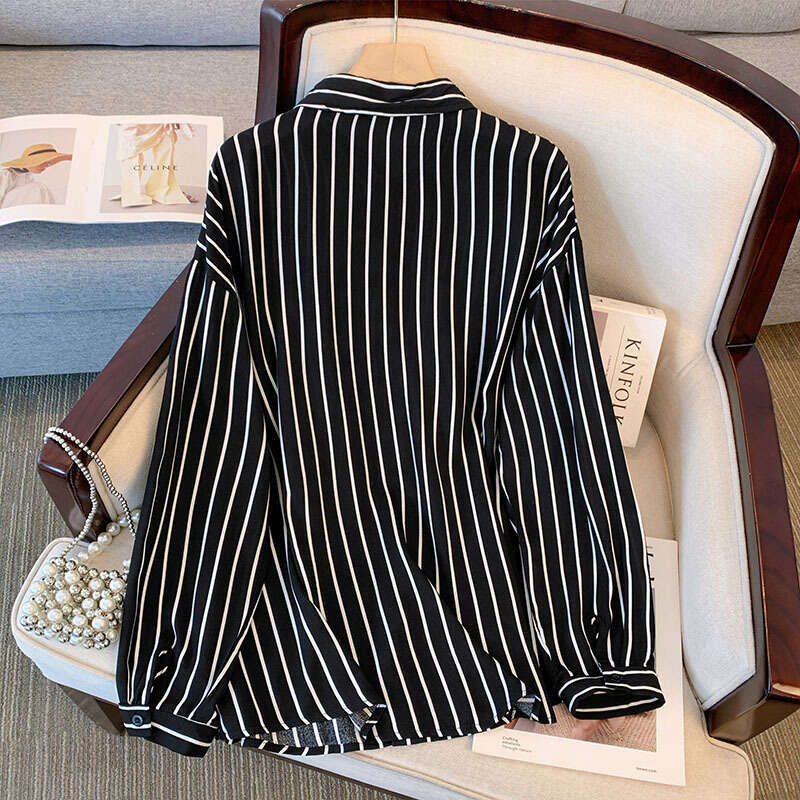 150Kg Plus Size Women's Bust 157 Autumn Striped Casual Shirt Long Sleeve Top Black 6Xl 7Xl 8Xl 9Xl 10Xl